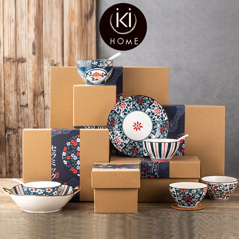 IKI Japanese-Style Ceramic Tableware Gift Set Blue and White Porcelain ...