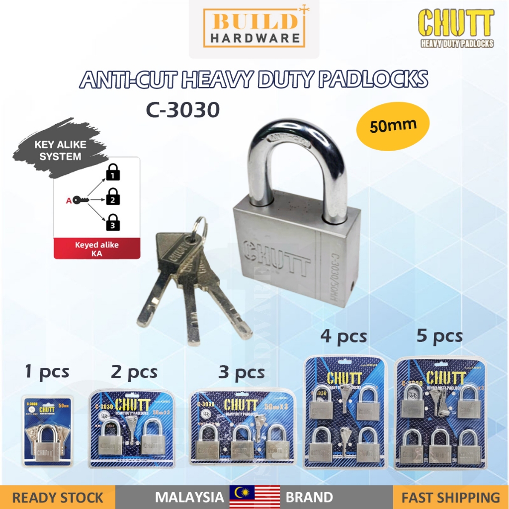 CHUTT 50mm Stainless Steel Heavy Duty Padlock Set Master Key ANTI-CUT ...