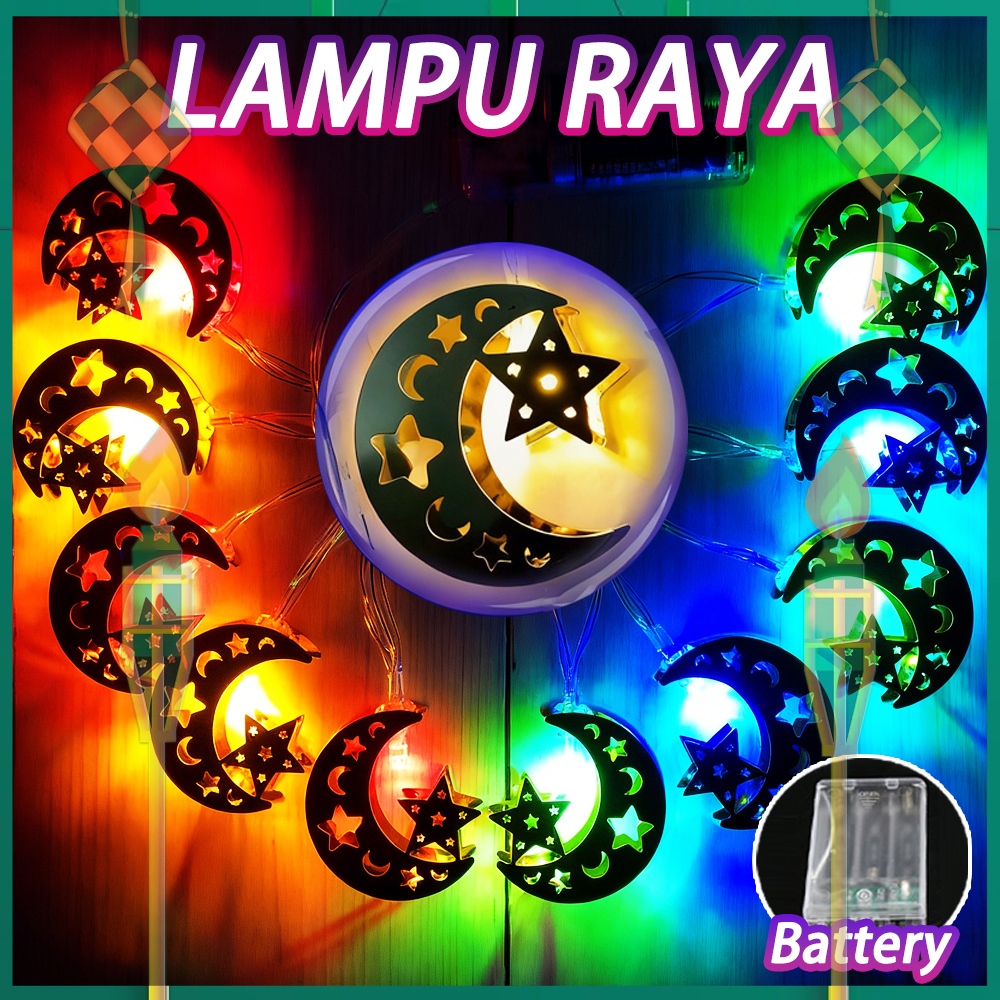 2M Lampu Raya Metal Hollow Star/Moon/Ketupat Light 10LED Battery Light ...