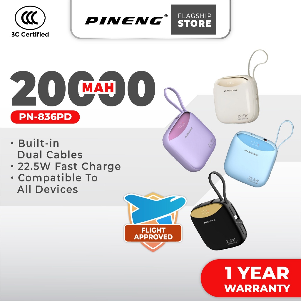 [3C Certified] Pineng PN-836PD Built-In Cable 22.5W 20000mAh Fast Charge Powerbank PN836/PN830 10000mAh Pineng Powerbank