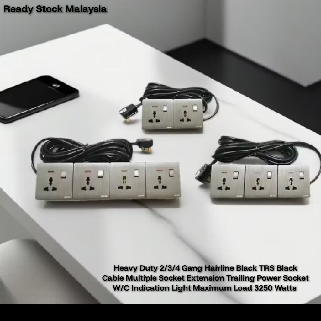 Heavy Duty 2/3/4 Gang Matte Grey Multiple Socket TRS Black Cable ...