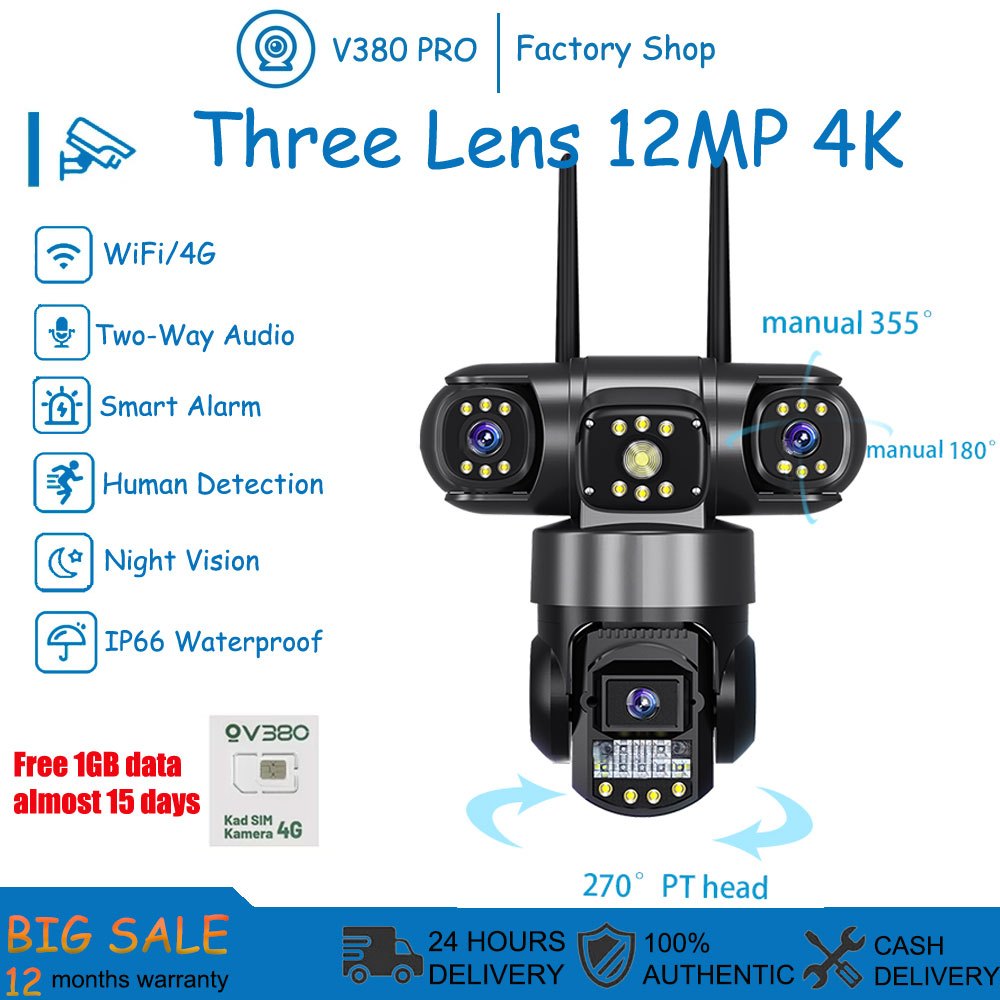 V380 PRO 12MP Three Lens CCTV Camera Wireless Wifi Security Camera ...