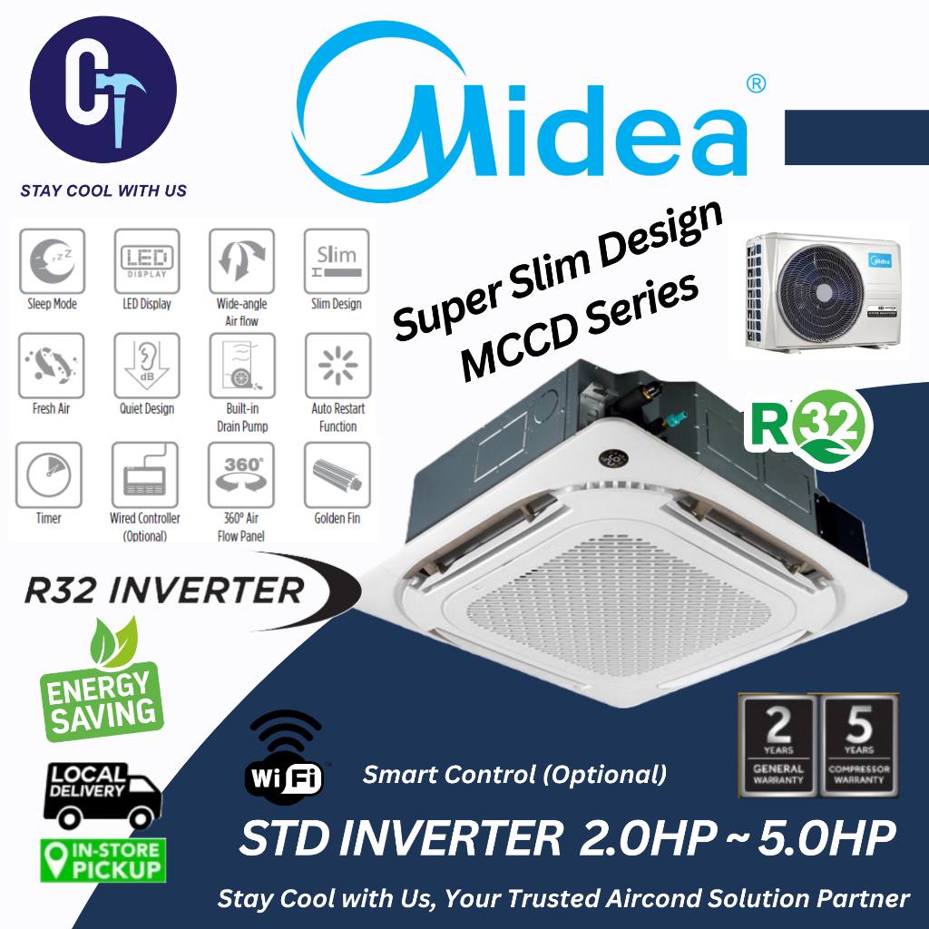 MIDEA NEW R32 SERIES CEILING CASSETTE AIR CONDITIONER INVERTER / NON ...