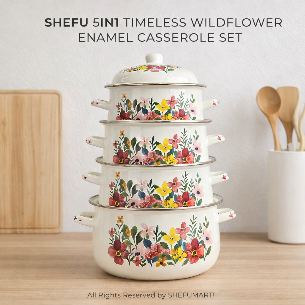 Shefu 5in1 Pink Flower Enamel Casserole Pot Set with Lid – Floral ...