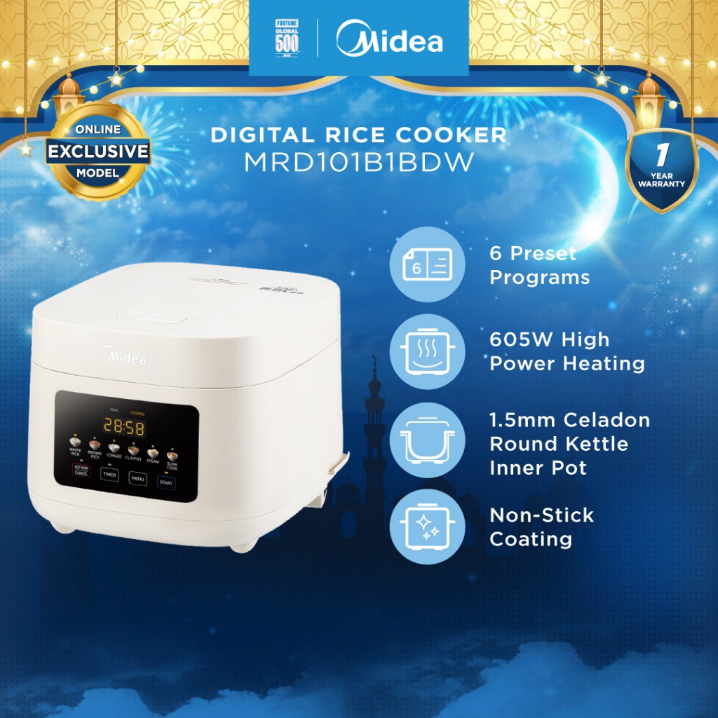 Midea MRD101B1BDW 1.0L Digital Rice Cooker With 6 Preset Menus & 605W ...