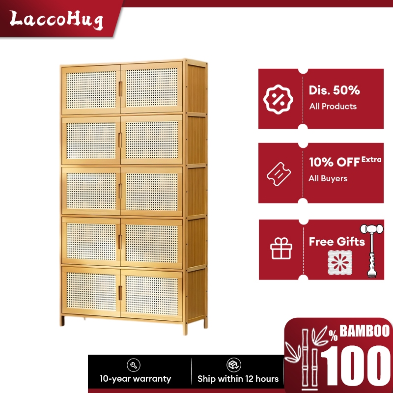 𝐋𝐀𝐂𝐂𝐎𝐇𝐔𝐆 Bamboo Storage Cabinet Almari Buku Bookshelf 4/6/8/10 Layers ...