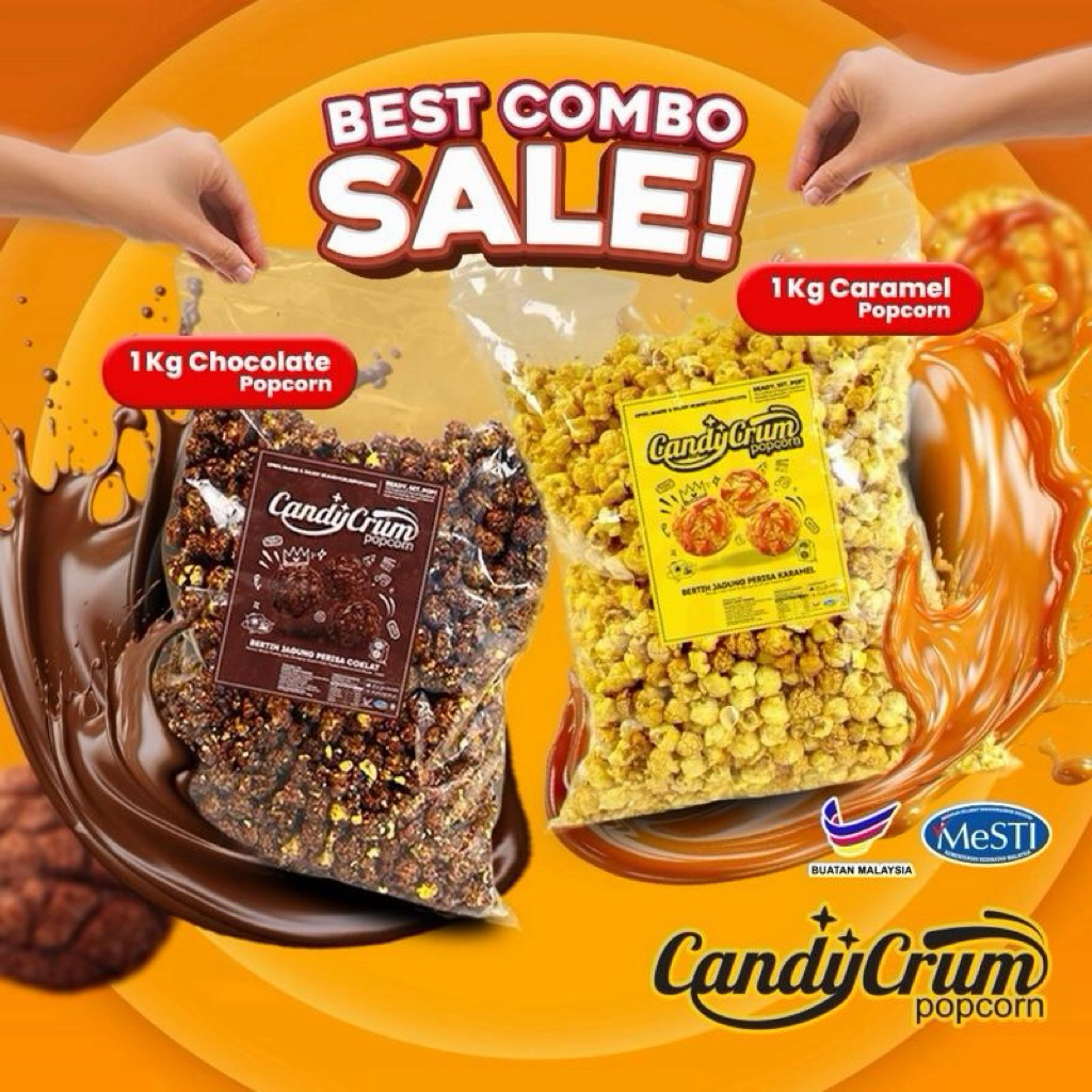 BEST COMBO CANDYCRUM POPCORN - 1KG CARAMEL + 1KG CHOCOLATE | HARGA ...