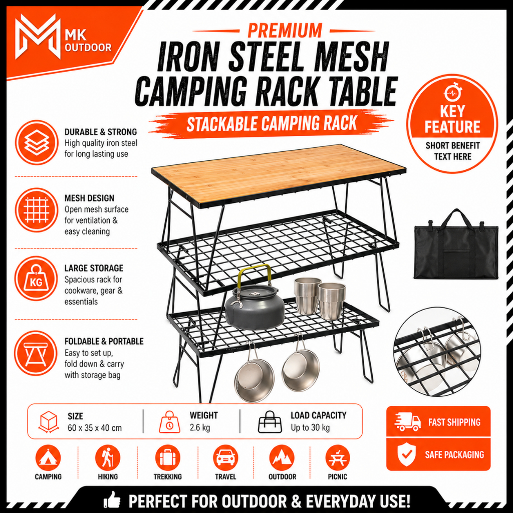 ISE Mount Iron Steel Mesh Camping Rack Table Foldable Portable Stacking ...
