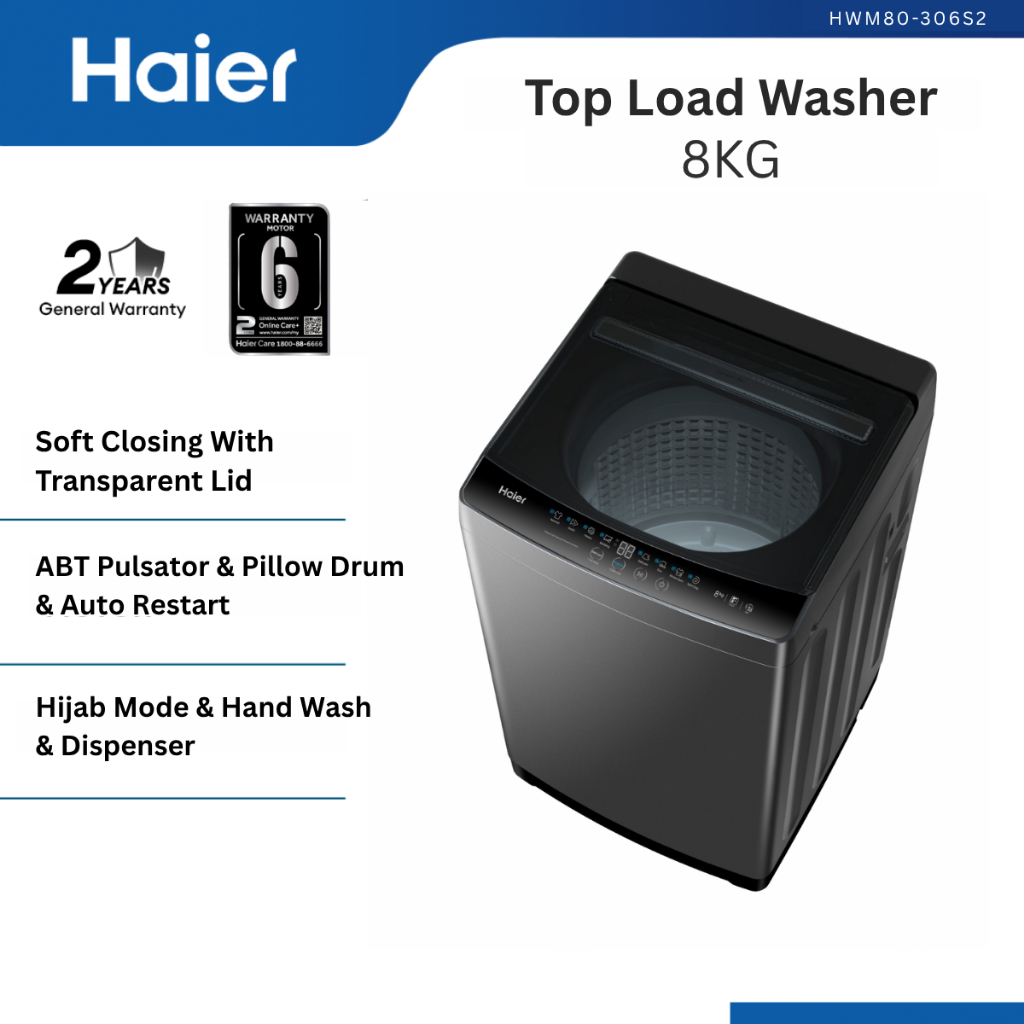 [OCT PROMO] Haier 8KG Fully Auto Top Load Washing Machine HWM80-306S2 ...