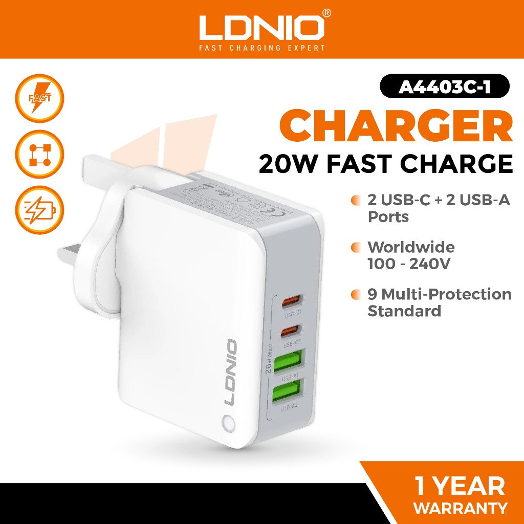 Ldnio A4403C-1 20W Fast Charger 2 USB-C 2 USB-A Turbo Power with C to C ...