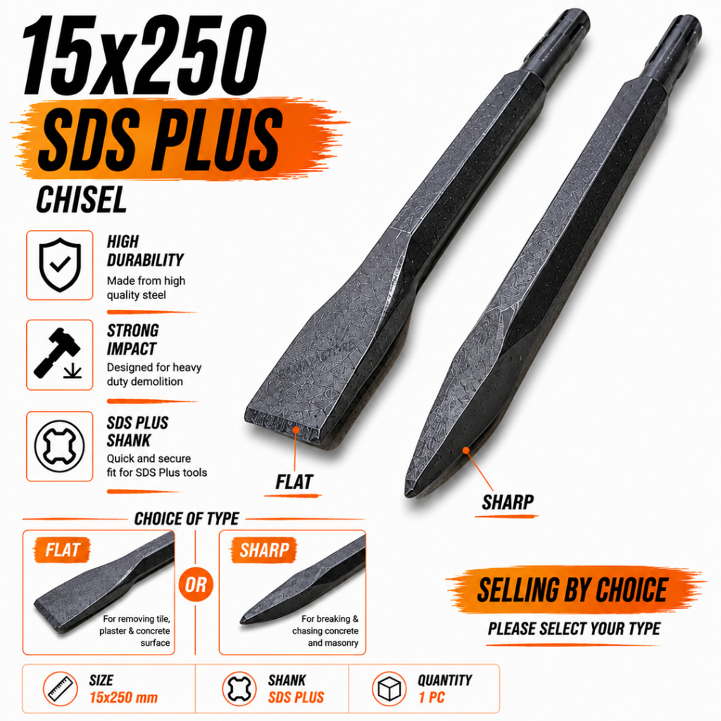 15x250MM SDS Plus Chisel Bit Flat Point Concrete Tile Demolition Chisel ...