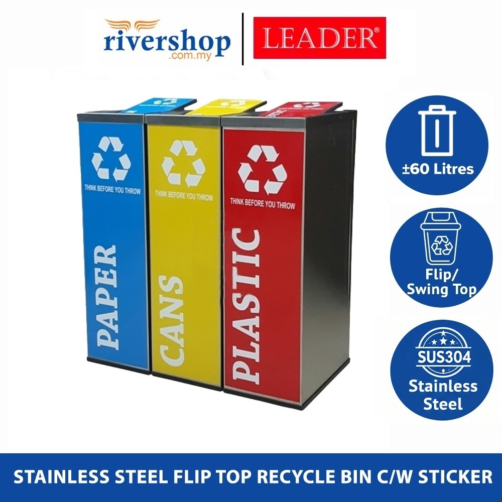 LEADER 60L SUS304 Stainless Steel Flip Top Bin / Recycle Bin C/W ...