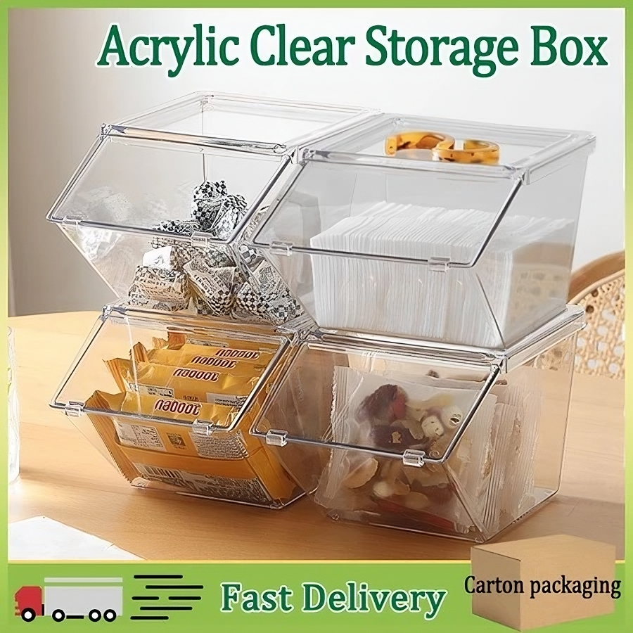 6PCS Acrylic Fliptop Lid Desktop Bin Stackable Organizer Coffee Candy ...