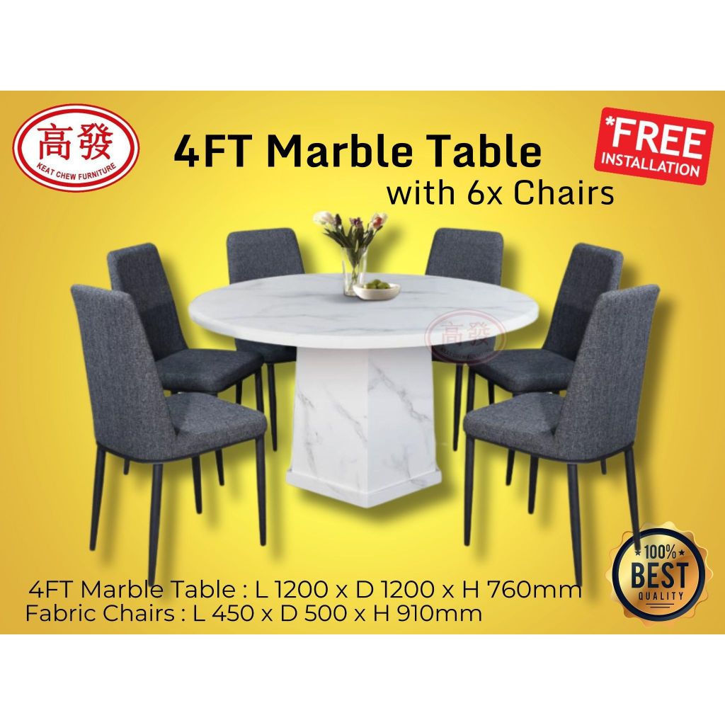 Marble Dining Set 4FT Round Marble Table + Farbic 6 Chiars Meja Makan ...