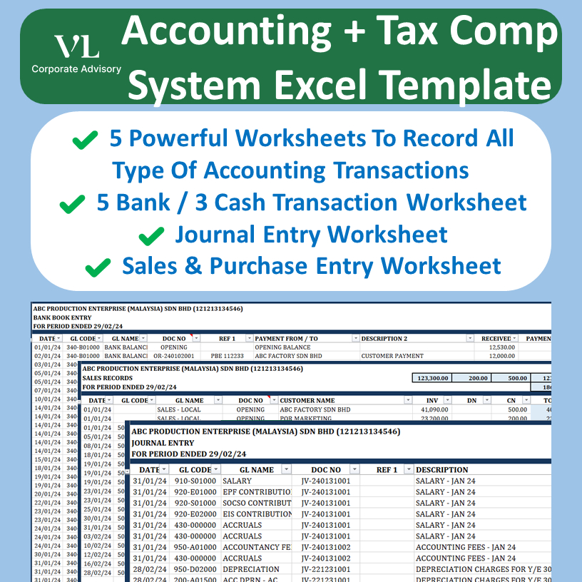 VL Accounting + Tax Computation System Excel Template Full Set Accounts ...