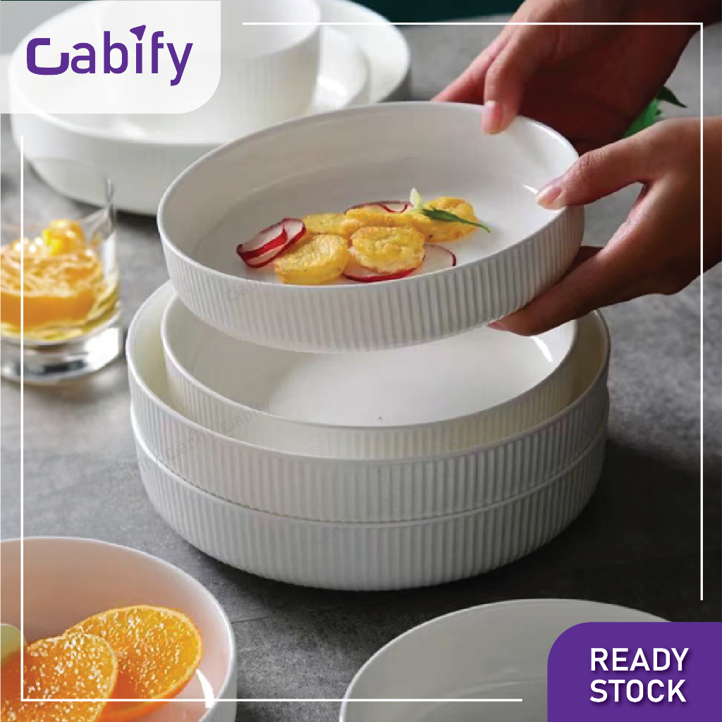 Cabify Ceramic 8 Inches White Vertical Stripe Pattern Round Deep Plate ...