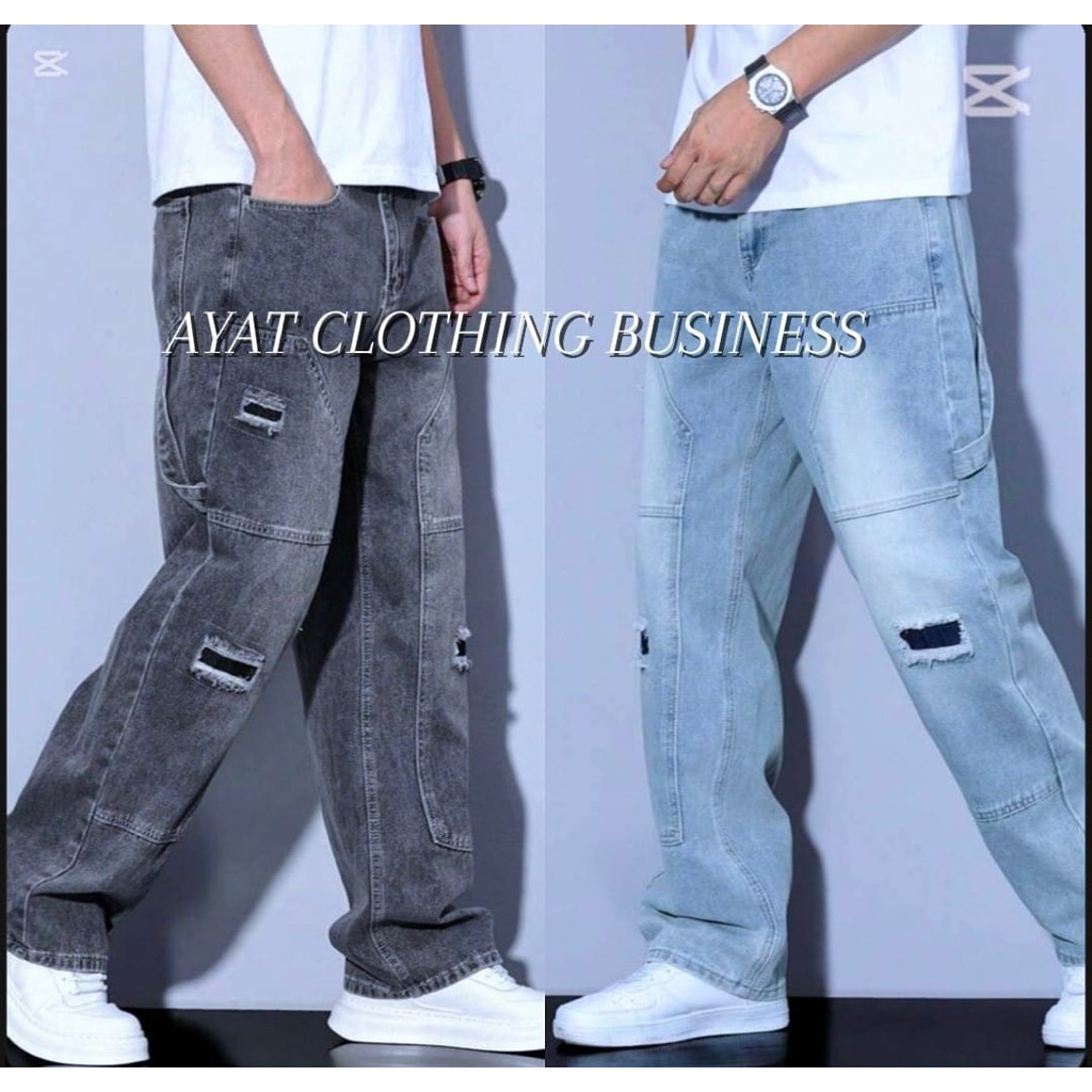 Men's Cargo Ripped Jeans Loose Fit/ Straight Cut (Acid wash) Long ...