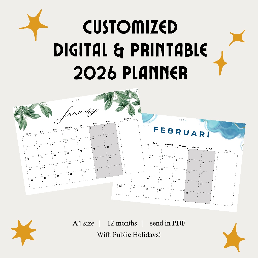 2026 Customized Digital Planner | Printable | A4 size JPG/PDF | 12