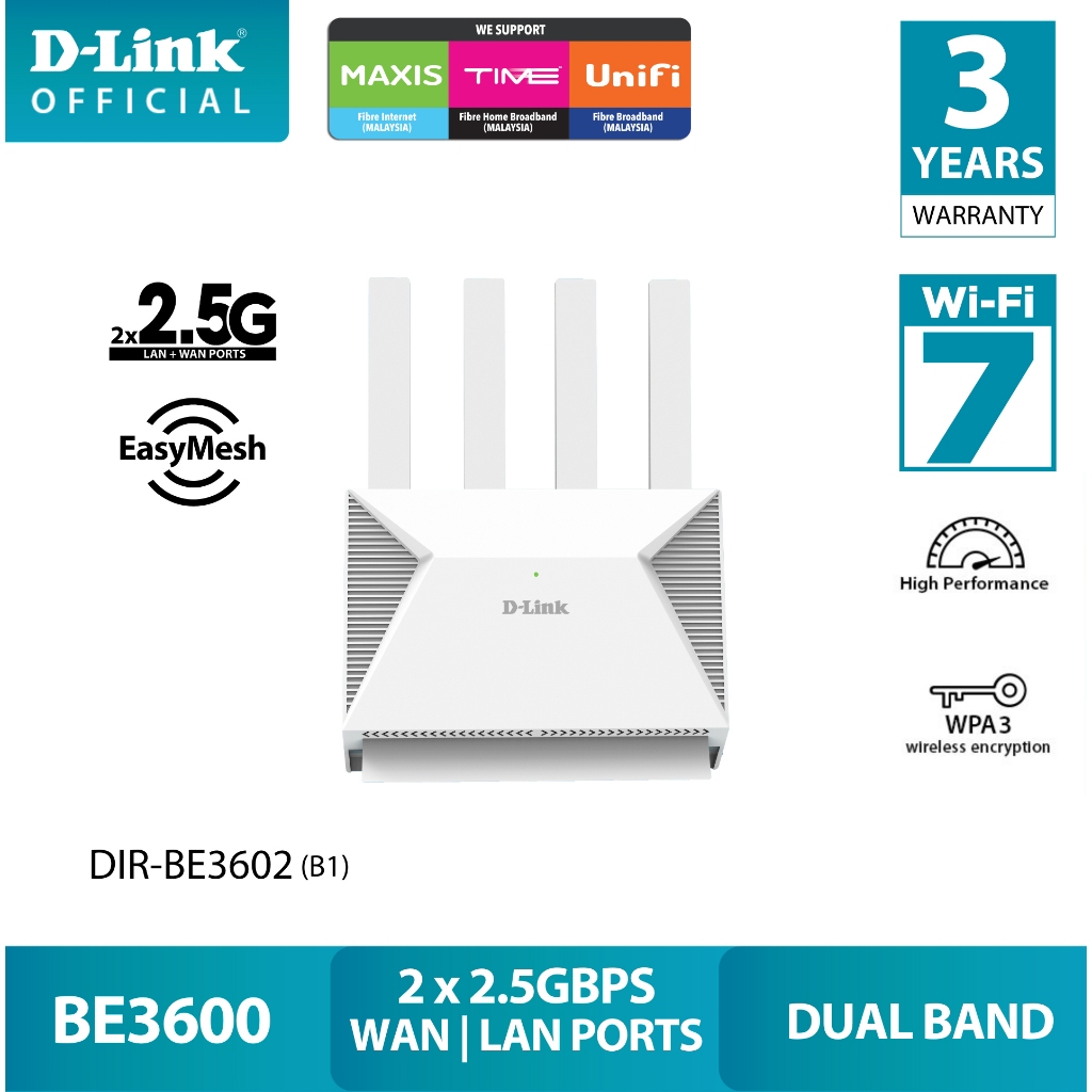 D-Link BE3600 Wi-Fi 7 Mesh Router with two 2.5G Ports (Can Mesh with TM ...