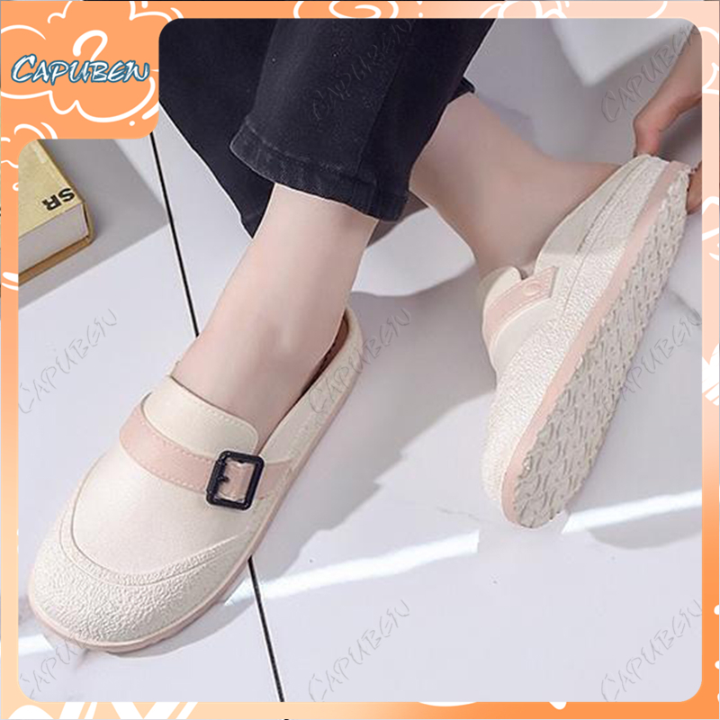 CAPUBEW Wanita sandal lantai rata ringan bernafas separuh sandal santai ...