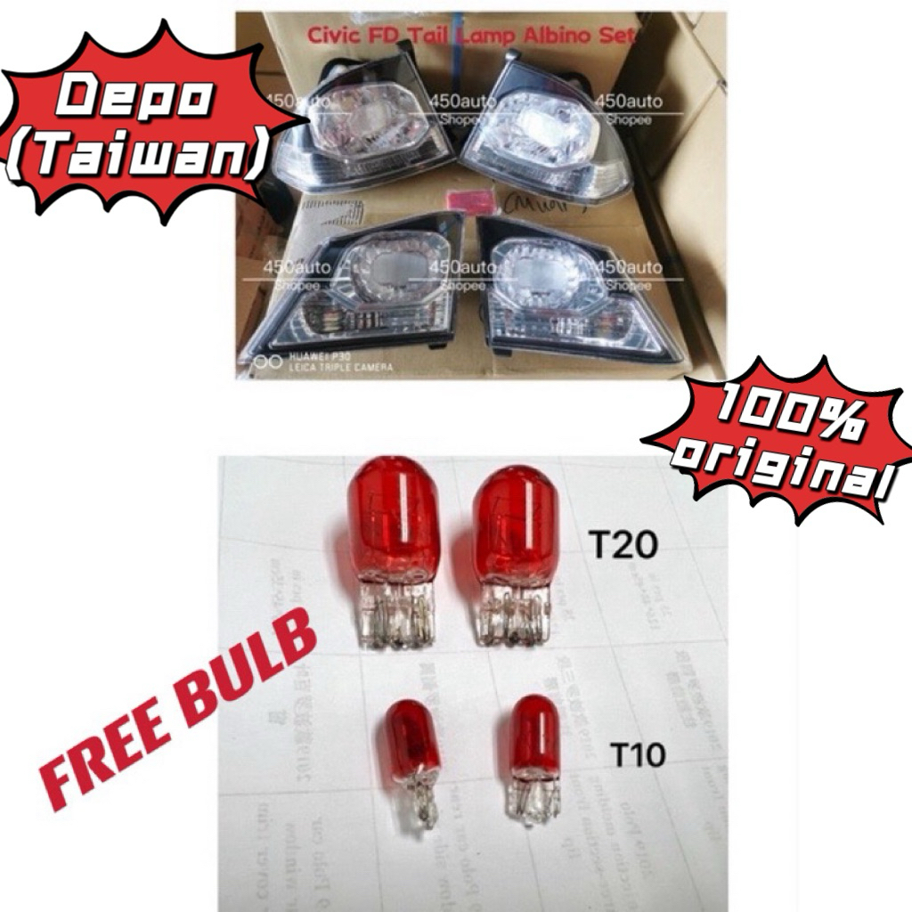 DEPO CIVIC FD FD1 FD2 FD2R TAIL LAMP ALBINO (Free T20+T10 Red Bulb Set ...