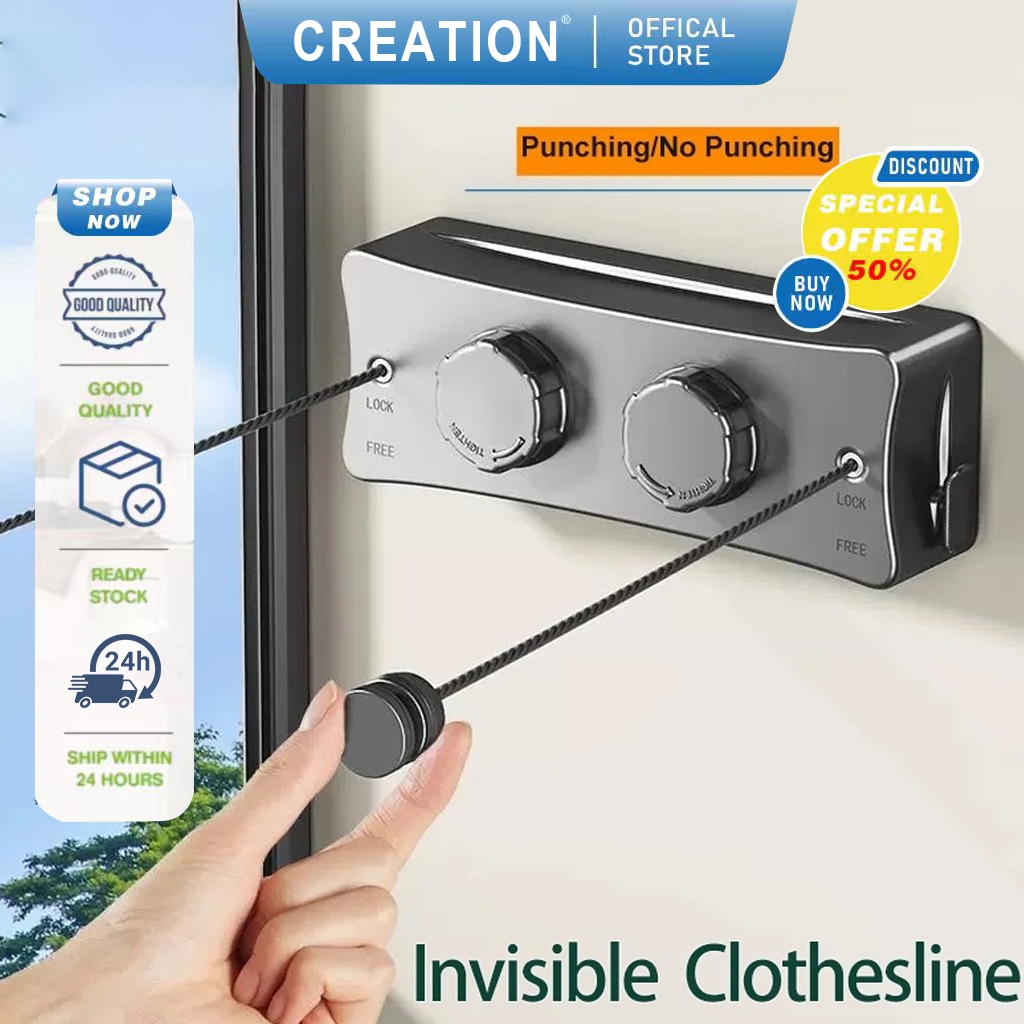 【CREATION】Retractable Clothesline Clothes Hanger Stainless Steel String ...