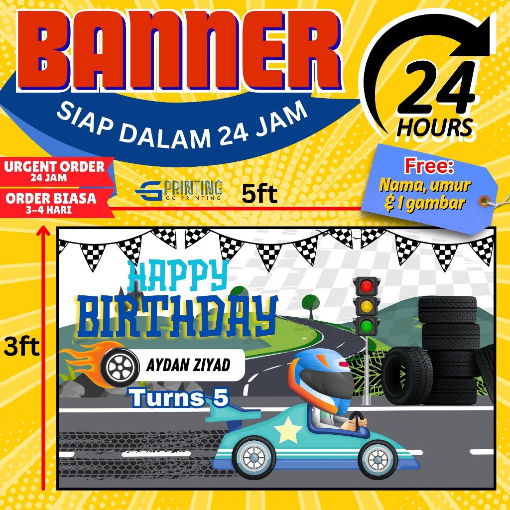 RACING CAR Banner MURAH 5ftx3ft (90cmx150xm) Birthday Banner Free 4 ...