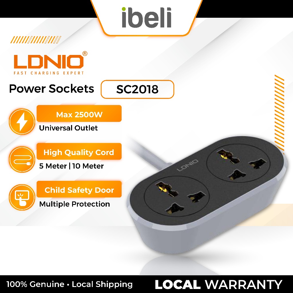 LDNIO 2 AC OUTLET UNIVERSAL EXTENSION POWER SOCKET SC2018 5M/10M ...