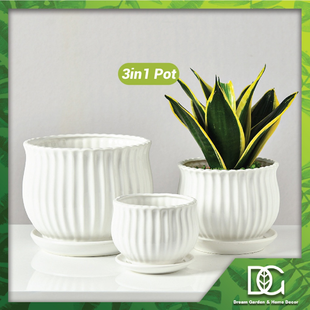 3 in 1 Ceramic Flower Pot Set White Minimalist Indoor Plant Vase Pasu ...