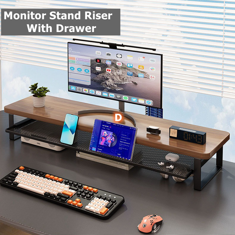 Wooden Monitor Stand WIth Drawer Desktop Screen Riser Office PC Storage ...