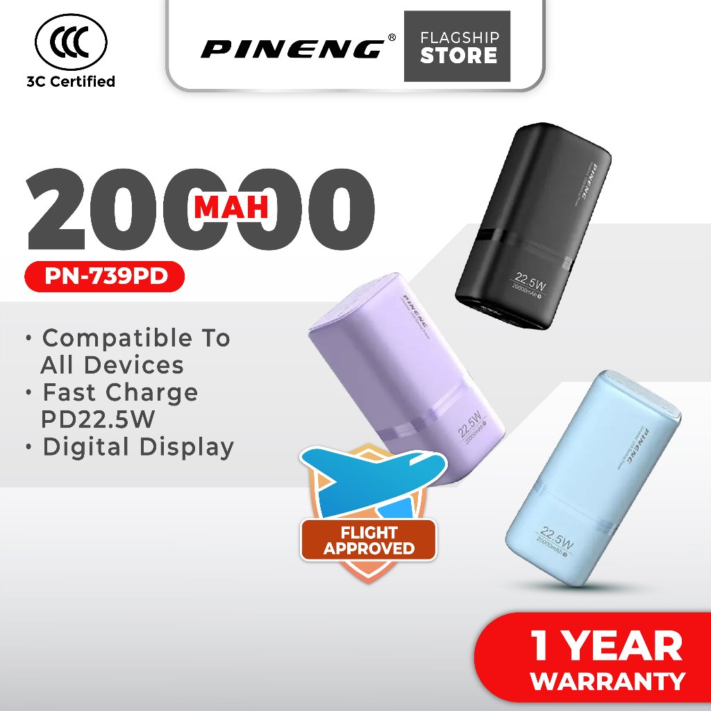 [3C Certified] Pineng PN-739PD 22.5W 20000mAh Fast Charge Portable Powerbank PN739 Pineng Powerbank