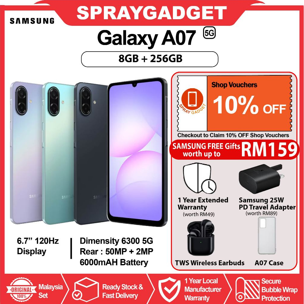 Samsung Galaxy A07 5G/ LTE (8+256GB) 6.7" IPS Display l P54 Water Resistance 🎁Samsung Malaysia Warranty