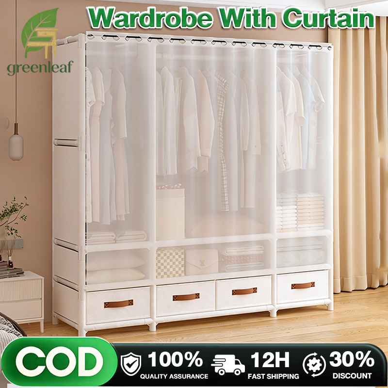 𝐆𝐫𝐞𝐞𝐧 𝐋𝐞𝐚𝐟 Wardrobe cabinet Clothes Rack With Curtain Rak Baju Cupboard ...