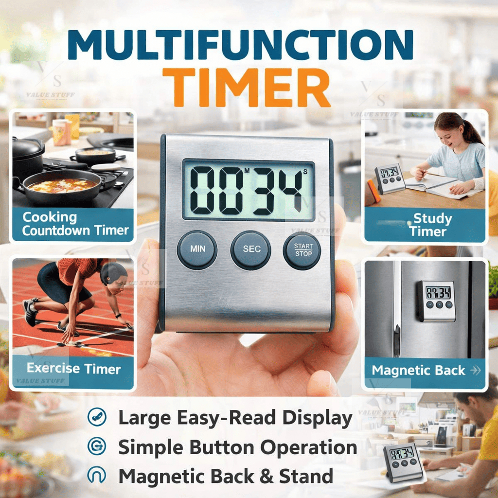 2IN1 Multi-Function Magnetic Digital Kitchen Countdown Timer LCD Loud ...