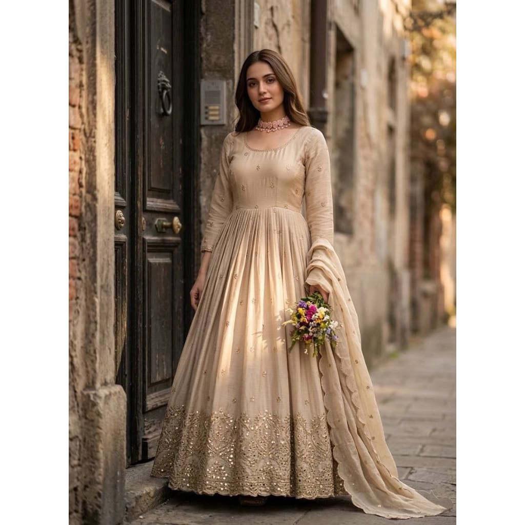 beige anarkali dress Beige Georgette Anarkali Suit With Thread And Sequins Embroidery main image 1