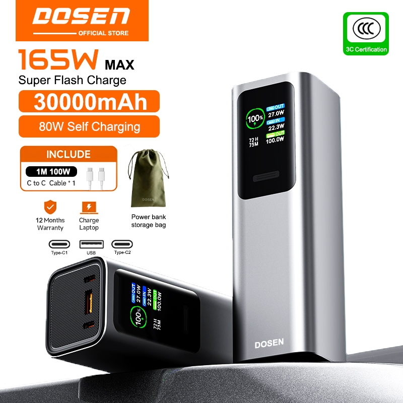 【3C Certification】DOSEN 165W Power Bank Super Fast Charging 30000mAh Laptop & Phone For Portable PD3.1 Travel & Business
