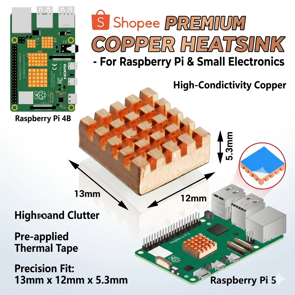 Premium Raspberry Pi 5 / 4B Copper Heatsink (13x12x5.3mm) with Pre ...
