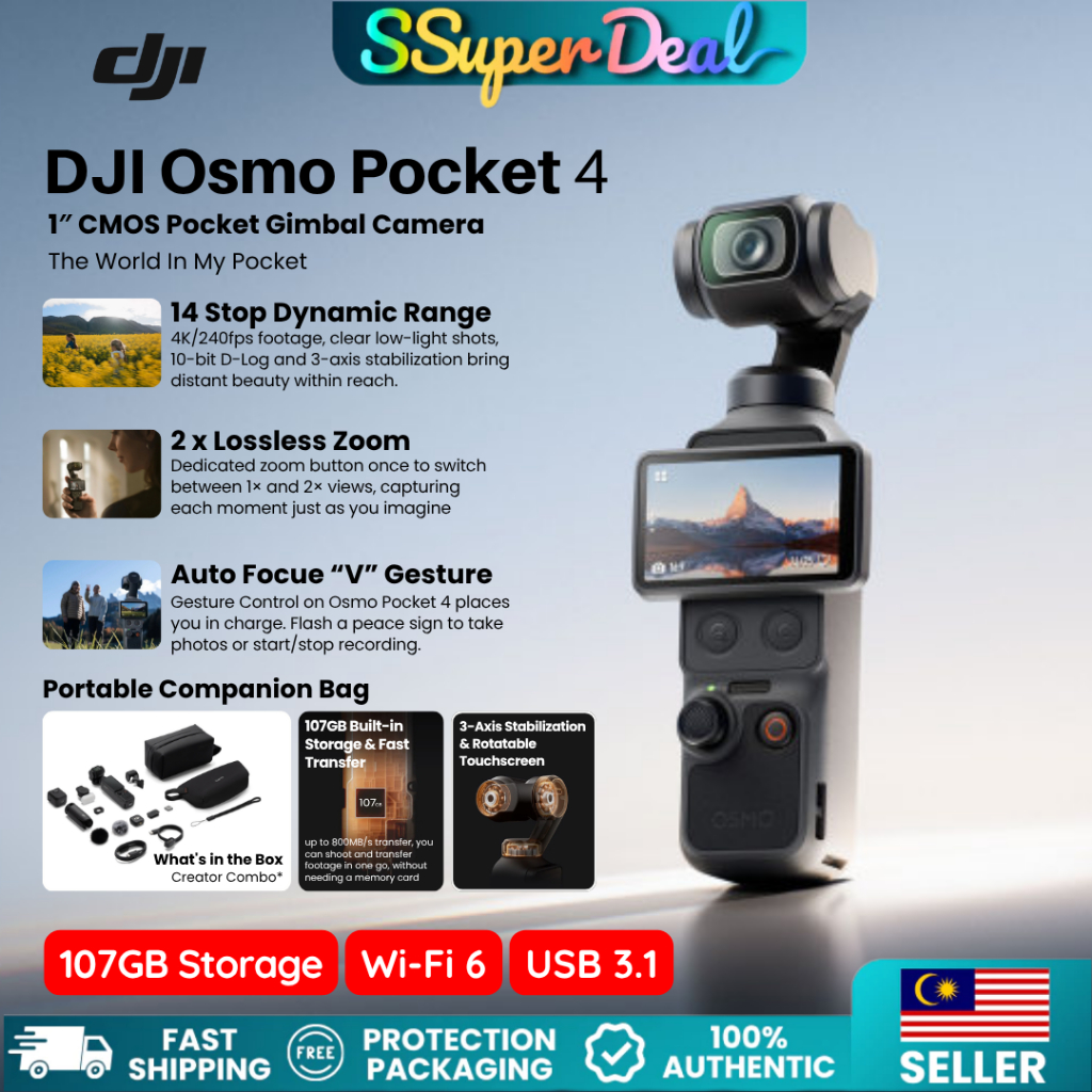 DJI Osmo Pocket 4 Lossless 2x Zoom 107GB Vlogging 1''inch CMOS 4K ...