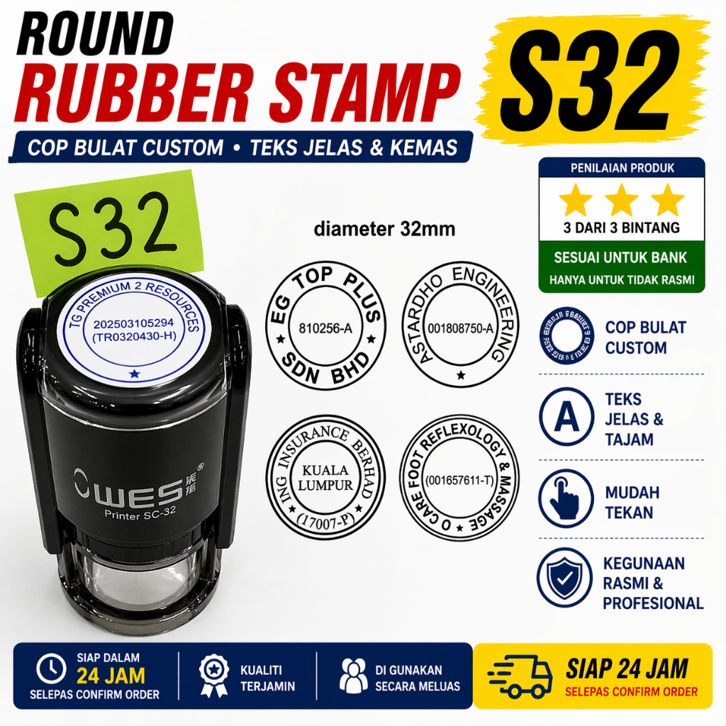 Round Rubber Stamp S42 42mm Custom Cop Nama Syarikat Self Ink Teks ...