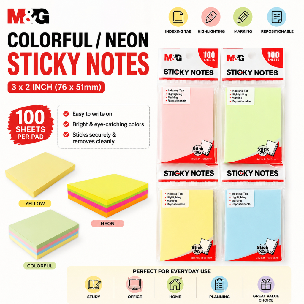 M&G Colorful Neon Sticky Note 3x2 Inch 100 Sheets / Kertas Nota Pelekat ...