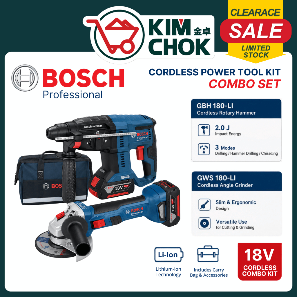 【Clearance Sale】 BOSCH Cordless Rotary Hammer GBH 180-LI + Cordless ...