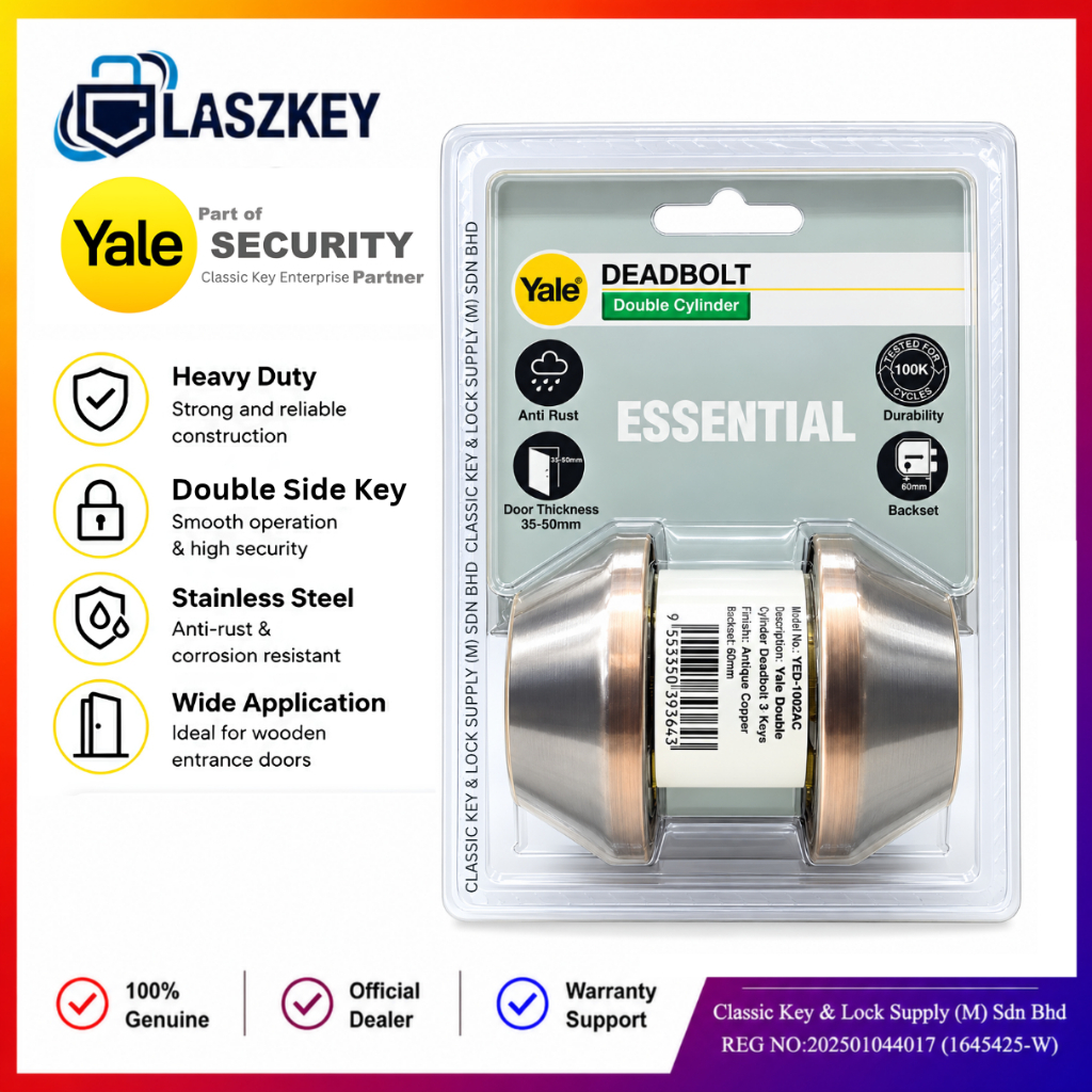 Yale Essential VYED-1002AC Double Cylinder Deadbolt Door Lock Antique ...