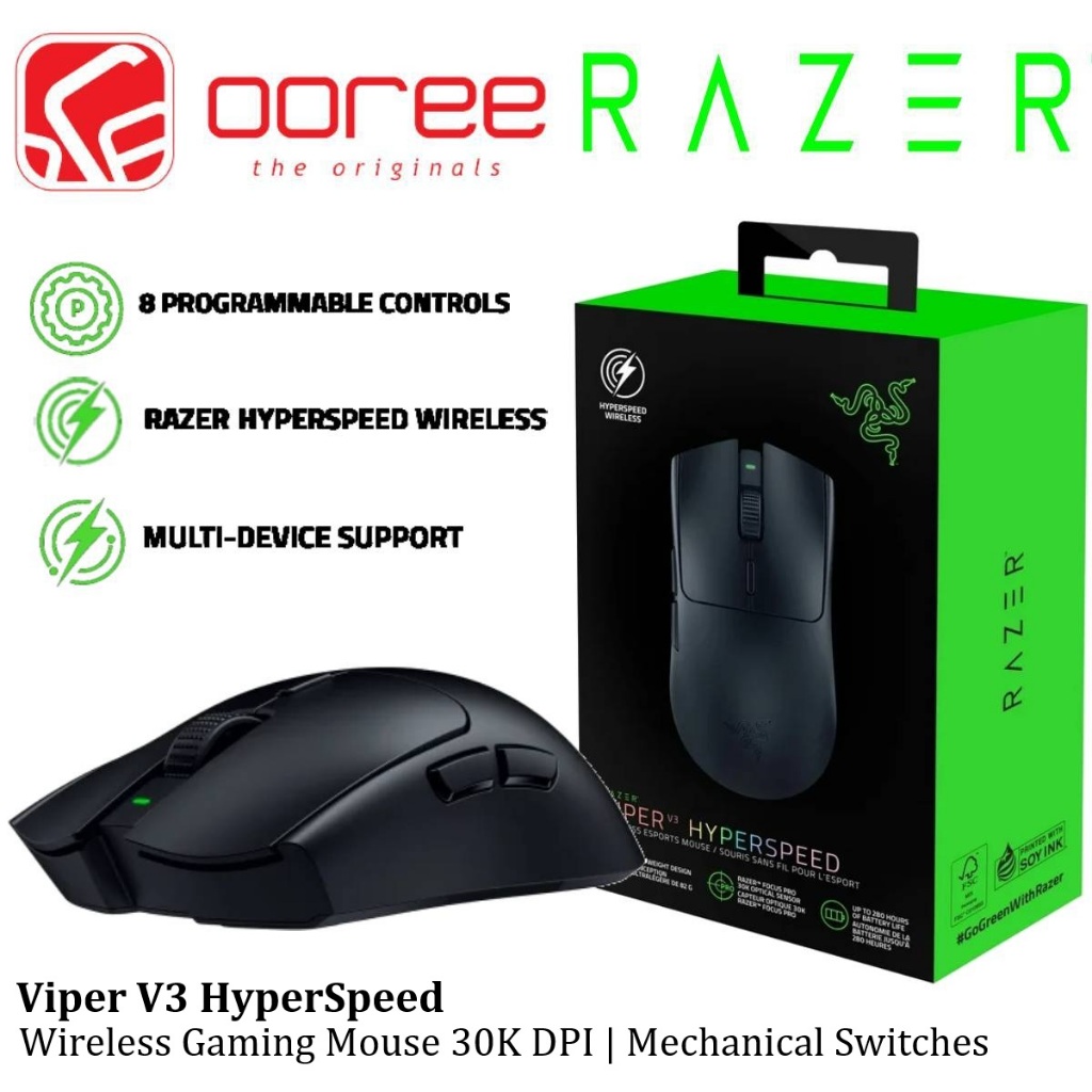 RAZER VIPER V3 HYPERSPEED WIRELESS GAMING MOUSE FOCUS PRO 30K OPTICAL ...