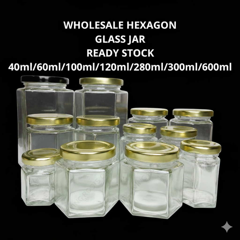 [READY STOCK GLASS, GOLD LID] Hexagon Glass Container Jar Mini Bottle ...
