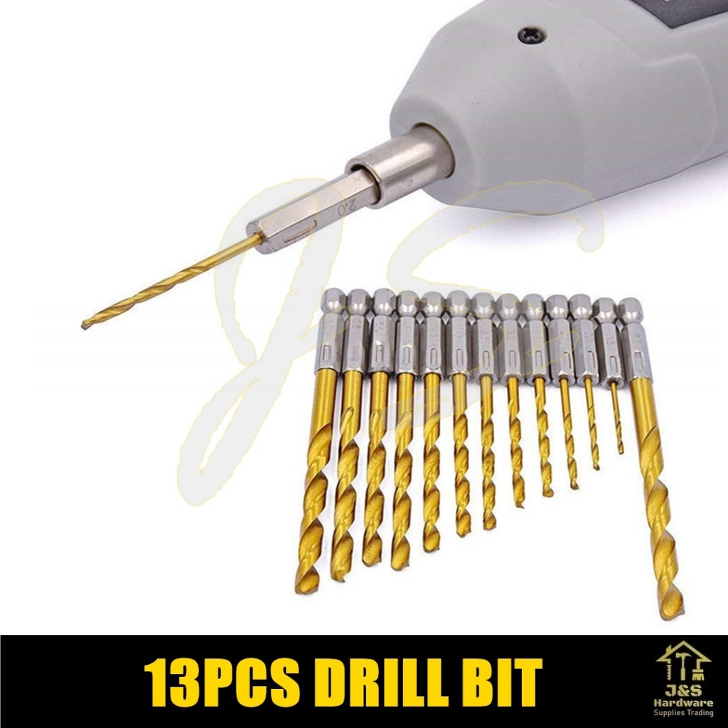 13PCS Hex Shank Drill Bit for Metal , Wood & PVC. HSS Titanium Coated ...