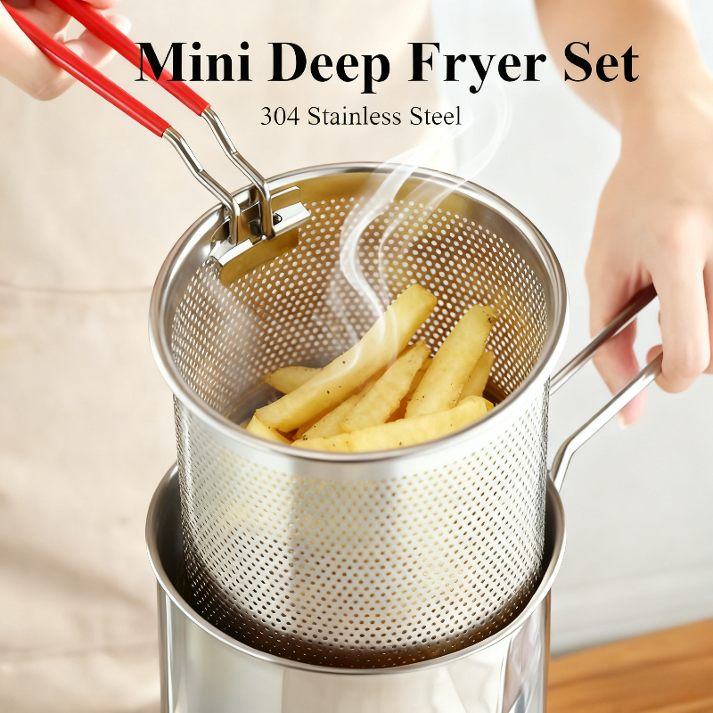 304 Stainless Steel Mini Deep Fryer Set Fried Pot with Lid Cooker ...