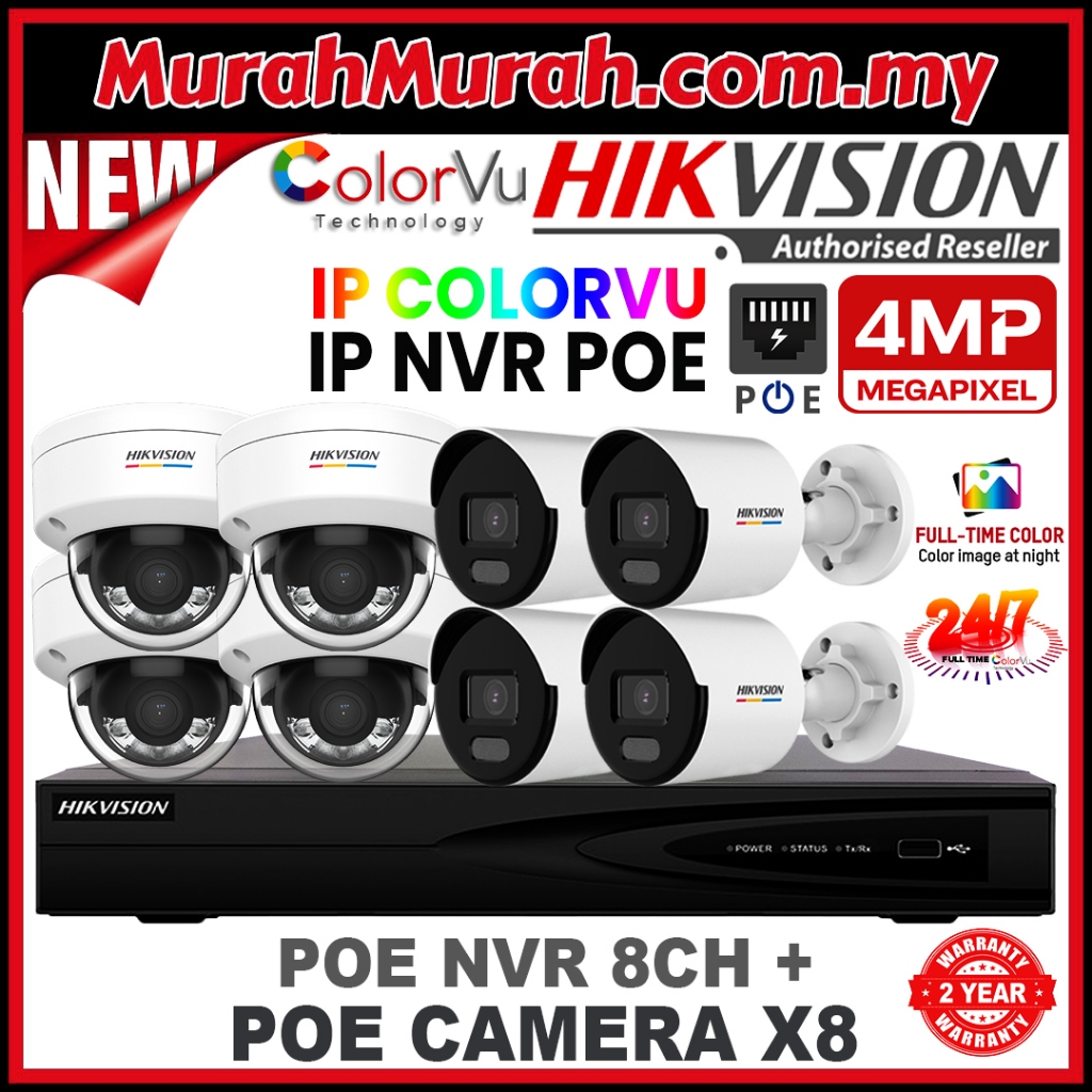 HIK HIKVISION 🌟8 Channel🌟 4.0MP 24/7 Full Time Colour POE + COLORVU ...