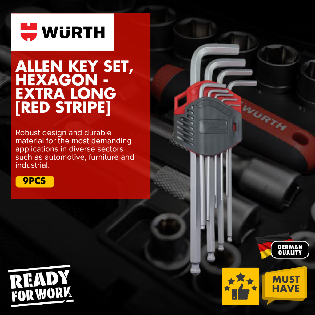 Wurth Allen Key Set, Hexagon | 9PCS - Extra Long [RED STRIPE] l Set ...