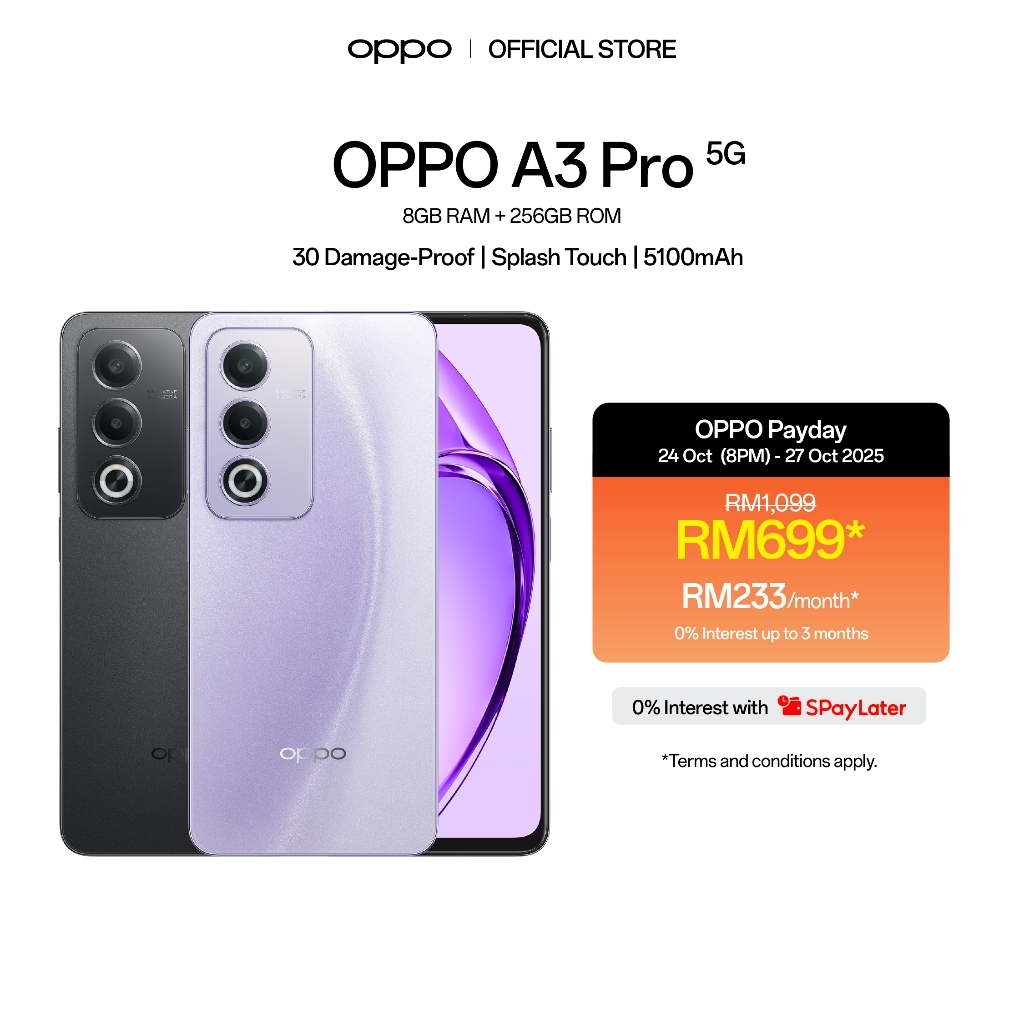 OPPO A3 Pro 5G Smartphone 8GB RAM 256GB ROM 360 Damage-Proof Armour  Body Splash Touch 5100mAh Large Battery