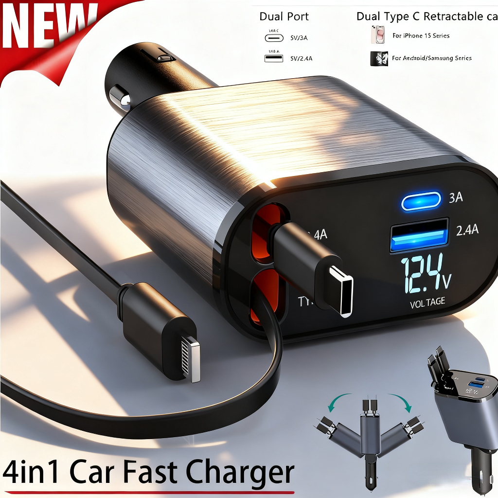Retractable Car Charger 120W 4 in 1 Car Fast Charger Retractable Car ...